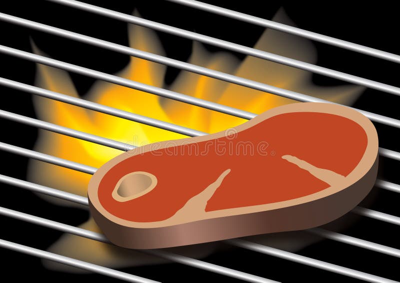 Flammes grillant le bifteck sur le BBQ illustration libre de droits Flammes grillant le bifteck sur le BBQ illustration libre de droits