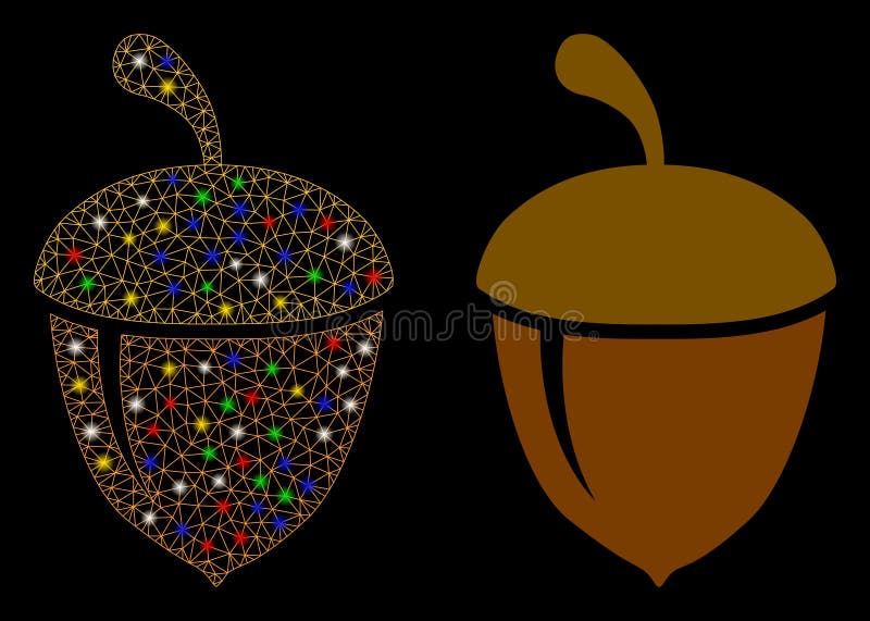 Flare Mesh Carcass Acorn Icon with Flare Spots. Flare mesh acorn icon with sparkle effect. Abstract illuminated model of acorn. Shiny wire frame polygonal mesh acorn icon. Vector abstraction on a black background.