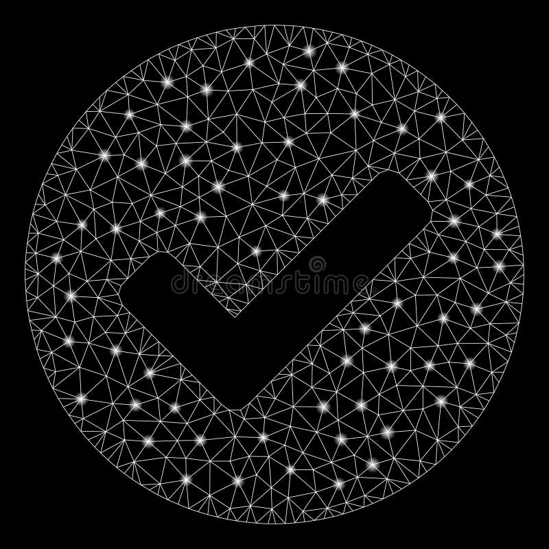 Flare Mesh Wire Frame Yes Tick with Flash Spots. Flare mesh yes tick with lightspot effect. Abstract illuminated model of yes tick icon. Shiny wire carcass polygonal mesh yes tick. Vector abstraction on a black background.