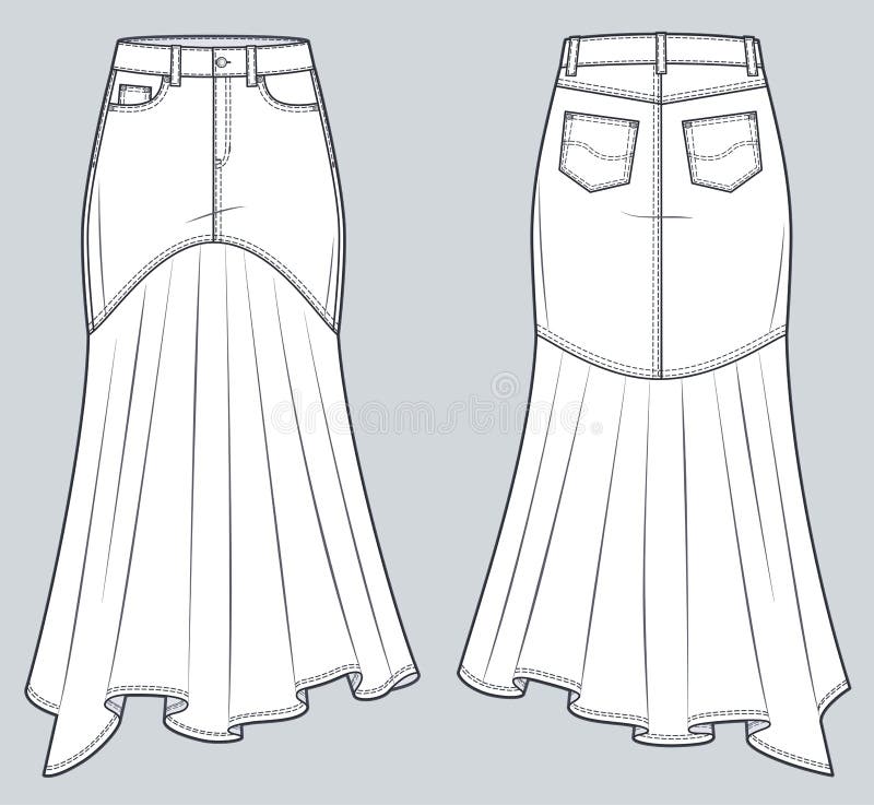 Flared Denim Skirt Technical Fashion Illustration. Stock Vector ...