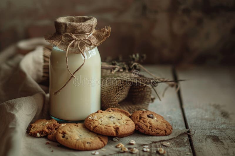 Flasche frische Milch und ein Stapel köstlicher frisch gebackener Kekse auf einem rustikalen Holztisch vektor abbildung