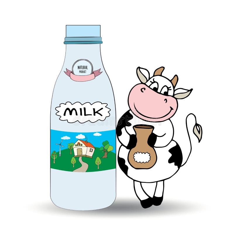 Eine Flasche Von Milch Und Kuh ` S Aufkleber Vektor Abbildung