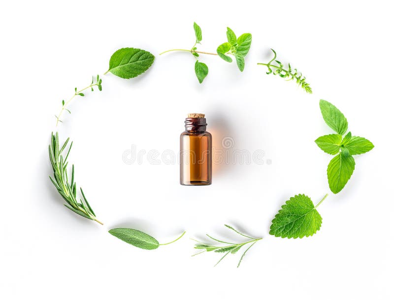 Flasche ätherisches Öl mit frischem Kräutersalbei, Rosmarin, oregan stockbild Flasche ätherisches Öl mit frischem Kräutersalbei, Rosmarin, oregan stockbild