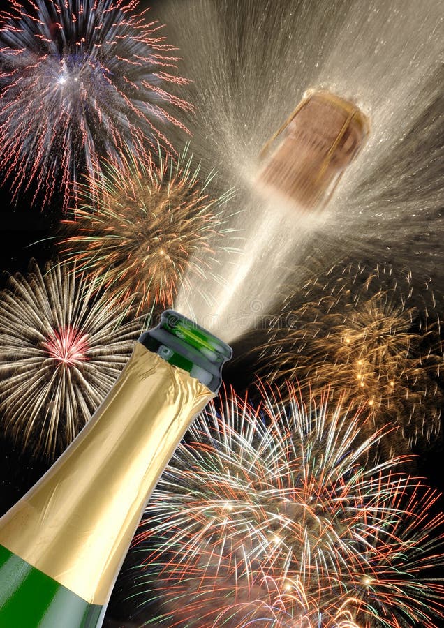 happy new year party with champagne popping and firework. happy new year party with champagne popping and firework