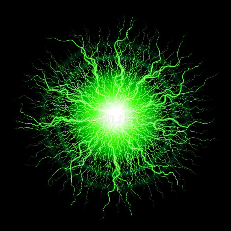 Green Plasma Light Effect. Energy Charge, Static Electricity Lightning on Black Background. Fireball Lightning, Green Thunderbolt. Green Plasma Light Effect. Energy Charge, Static Electricity Lightning on Black Background. Fireball Lightning, Green Thunderbolt