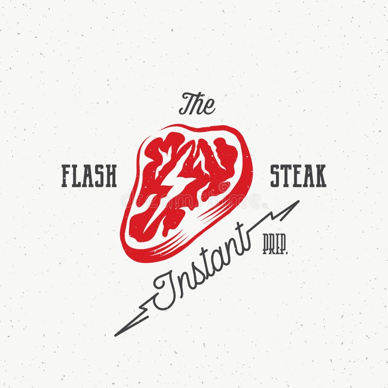 The Flash Instant Steak Abstract Retro Vector Emblem, Label or Logo Template. Meat with a Lightning Concept Illustration royalty free illustration The Flash Instant Steak Abstract Retro Vector Emblem, Label or Logo Template. Meat with a Lightning Concept Illustration royalty free illustration