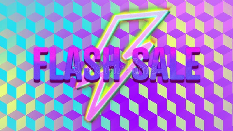 Flash sale graphic and colourful lightning flash shapes on blue cube background