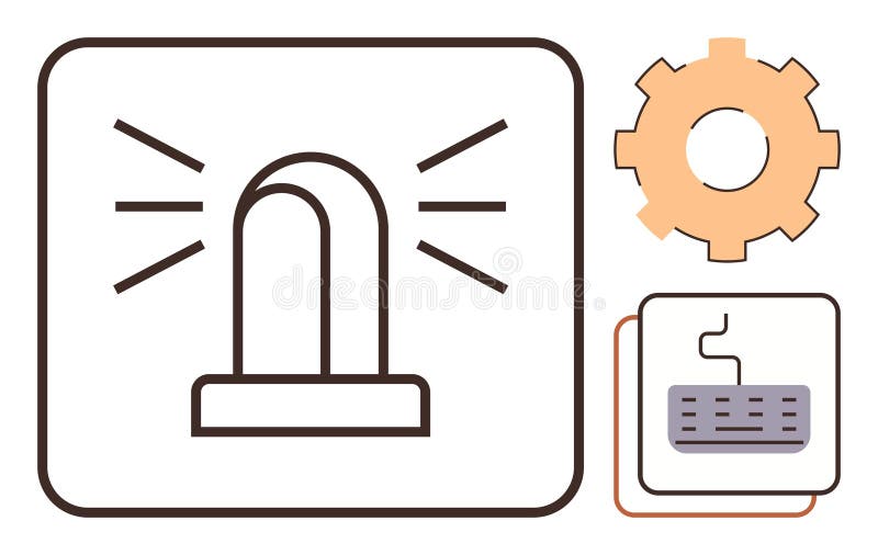 Emergency Alarm Alert with Gear and Keyboard in Minimalist Diagram Design stock illustration