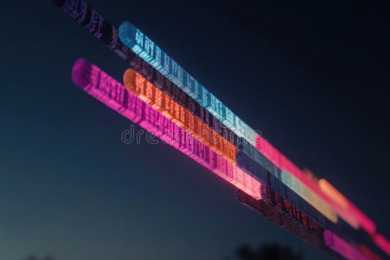 Data visualization shows dynamic bars of colors reflecting numerical values during an evening analysis stock illustration