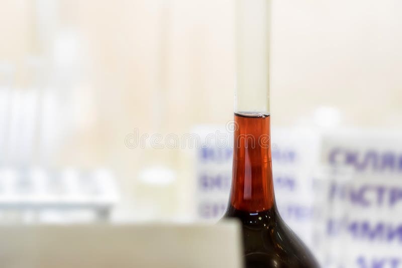 Flask with red wine in industrial laboratory