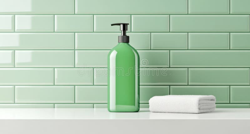 Flaska med grön behållare med vit pump som står på bordet med grön vägg i bakgrunden och främjar hygien och renlighet royaltyfri illustrationer