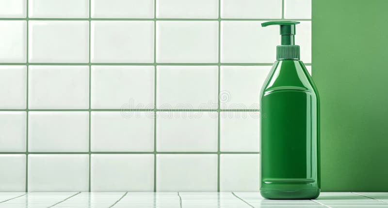 Flaska med grön behållare med vit pump som står på bordet med grön vägg i bakgrunden och främjar hygien och renlighet stock illustrationer
