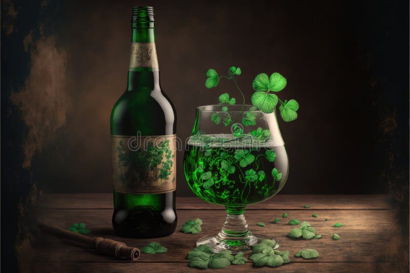 Flaska och glas med grön dryck och många schaktmassor. strykdryckssymbol för helfärgade patricks dag royaltyfri illustrationer