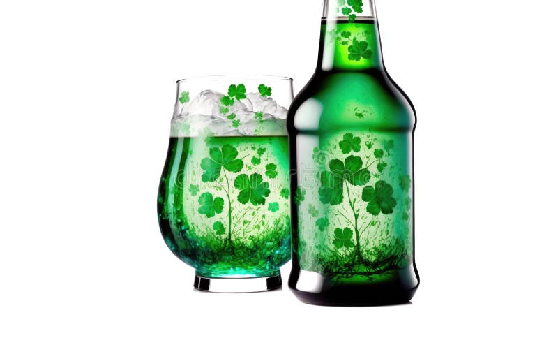 Flaska och glas med grön dryck och många schaktmassor. strykdryckssymbol för helfärgade patricks dag royaltyfri illustrationer