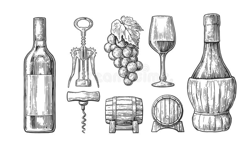 flaskexponeringsglas ställde in vit wine sju sex Flaska exponeringsglas, korkskruv, trumma, grupp av druvor Svart tappning inrist