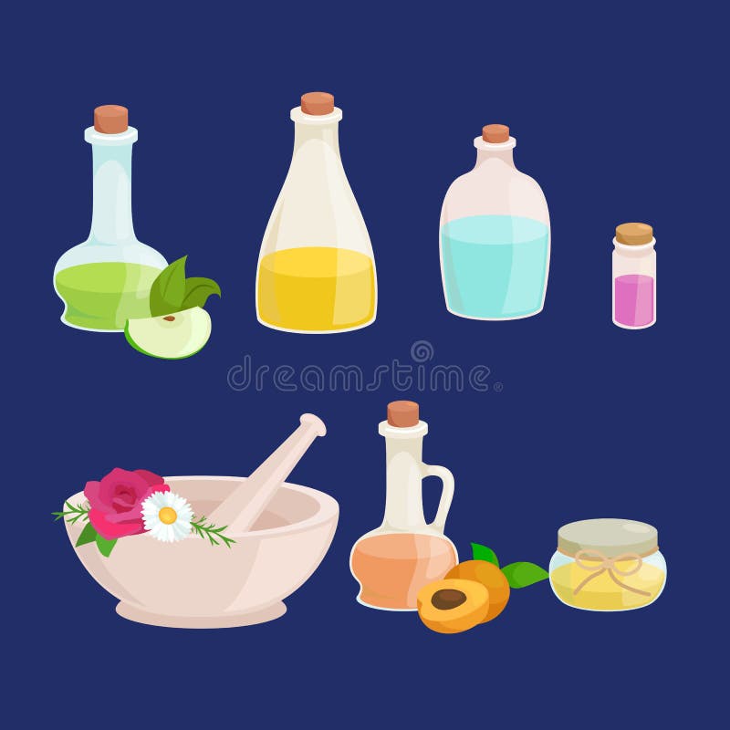 Flaskor med den organiska nödvändiga aromolja- och tvålstången ställde in stock illustrationer Flaskor med den organiska nödvändiga aromolja- och tvålstången ställde in stock illustrationer