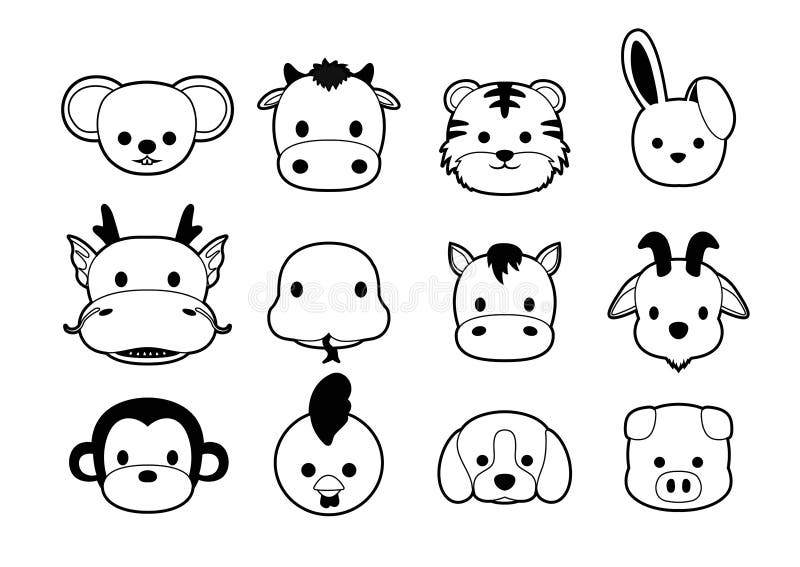 Flat Animal Faces Monochrome Icon Cartoon (Chinese Zodiac) Stock Vector -  Illustration of friendly, tiger: 66255745