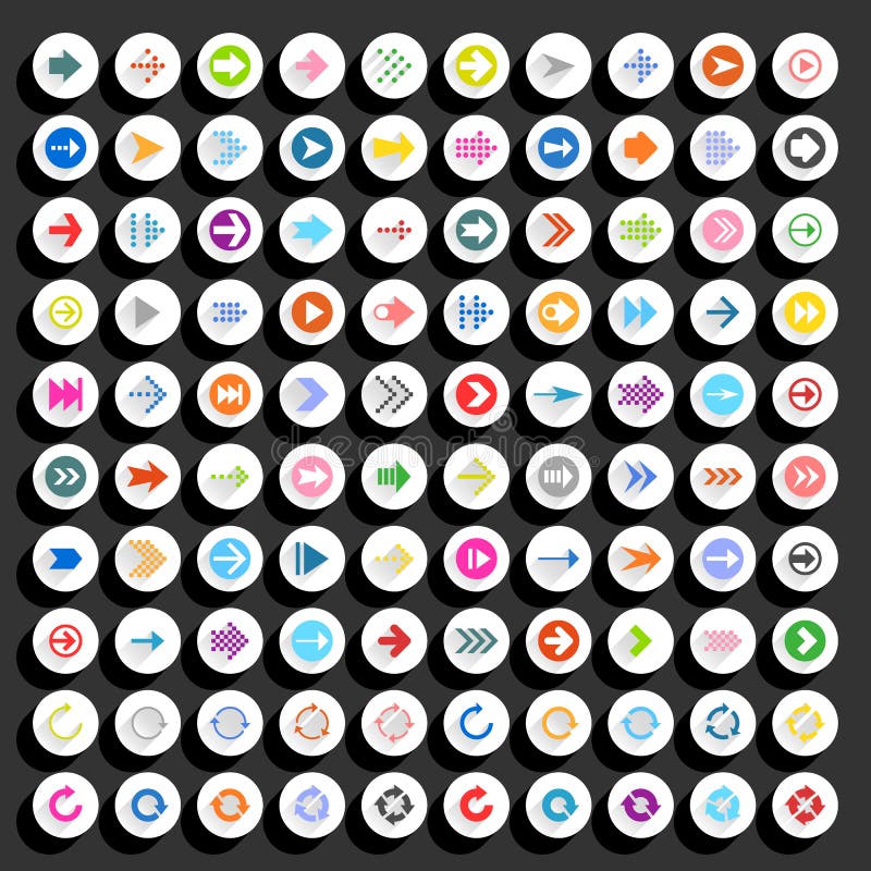 Flat arrow icon circle web button. Flat arrow icon with long shadow. Sign on circle shapes web button on background. Simple, minimal, solid, plain style. Vector illustration internet design element 8 eps