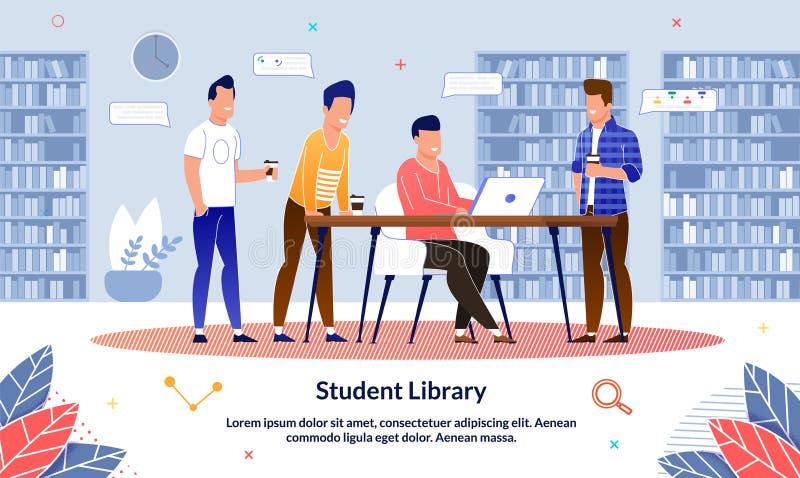 Flat Banner Student Library i College, Cartoon royaltyfri illustrationer