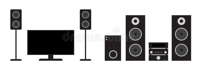 Flat black home cinema and stereo system set. Vector illustration of tv, receiver, subwoofer and speakers. royalty free illustration