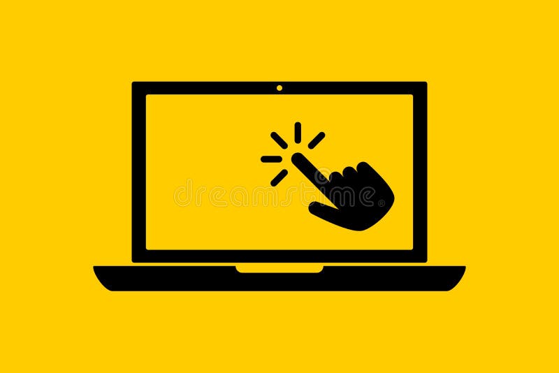 Flat black laptop icon with choosing cursor or hand pointer isolated on yellow. Concept of using screen mobile computer or search royalty free illustration