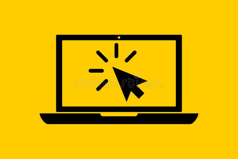 Flat black laptop icon with choosing cursor or pointer isolated on yellow. Concept of using screen mobile computer or search vector illustration
