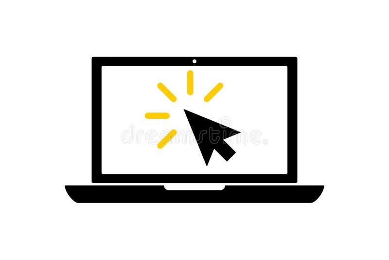 Flat black laptop icon with cursor or pointer isolated on white. Concept of using screen mobile computer or search click mouse stock illustration