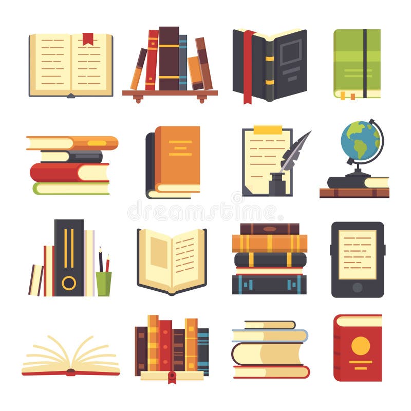 Flat books icons. Magazines with bookmark, history and open or closed textbook science pile of old book stack with globe. Encyclopedia on library shelves vector isolated illustration symbol set. Flat books icons. Magazines with bookmark, history and open or closed textbook science pile of old book stack with globe. Encyclopedia on library shelves vector isolated illustration symbol set