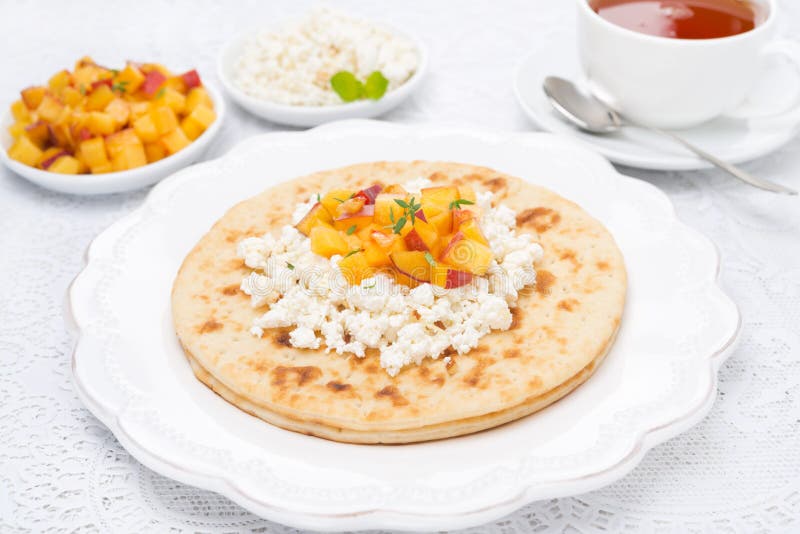 Flat Bread with Cottage Cheese with Honey, Nuts, Fresh Peaches Stock Photo Image of fruit