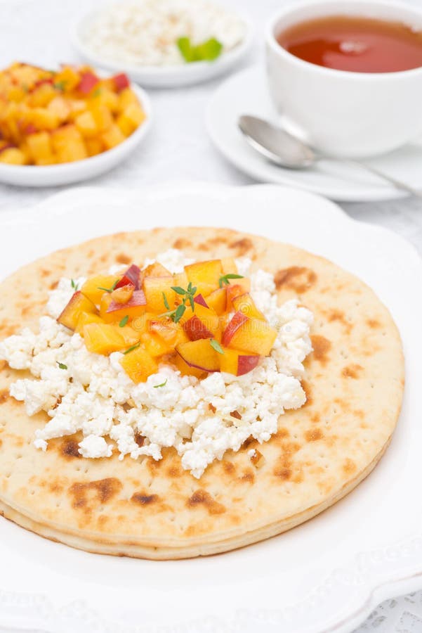 Flat Bread with Cottage Cheese with Honey, Nuts, Peaches Stock Photo Image of cheese, drink