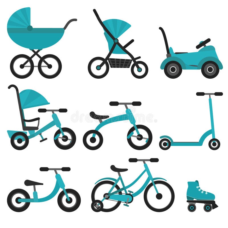 https://thumbs.dreamstime.com/b/flat-bright-blue-baby-transport-set-kids-birth-till-school-colorful-turquoise-vector-children-as-stroller-balance-bike-116812893.jpg