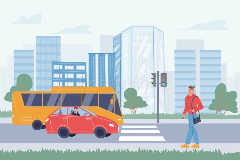 Flat cartoon characters in city life scene with road traffic,vector illustration concept