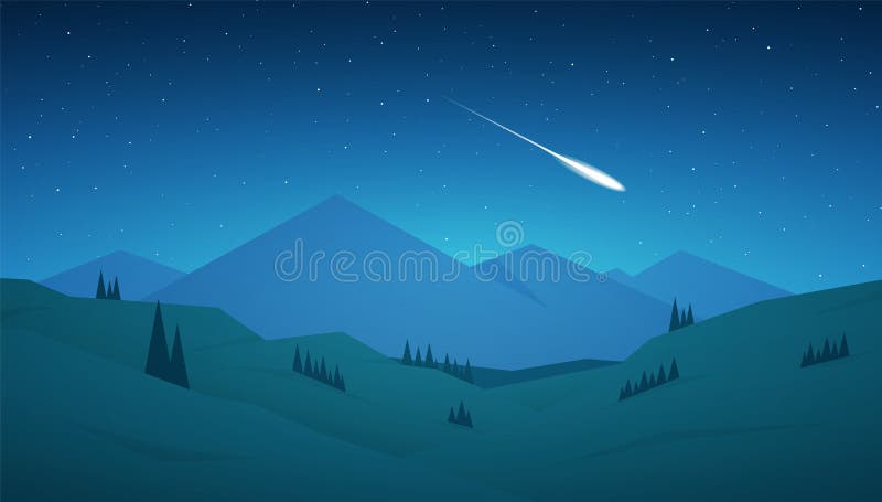 Flat Cartoon Night Mountains Landscape with Hills, Stars and Meteor on the  Sky. Stock Vector - Illustration of adventure, cosmos: 143686633