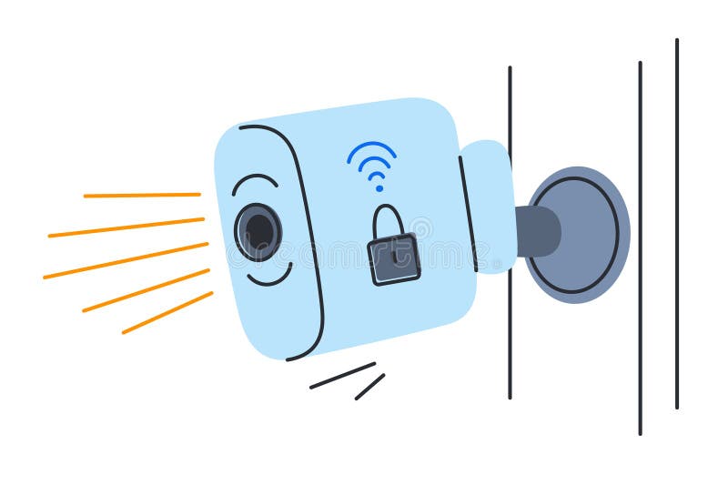 Flat cartoon vector illustration of smart security camera on house wall with Wi Fi control. Home surveillance device, wireless monitoring, automation system, safety, digital protection visuals icon, isolated colored clipart on white background. Cartoon security camera vectors