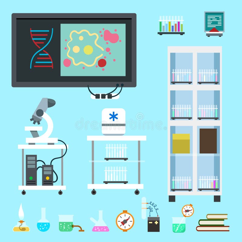 Flat Chemistry Lab Equipment Set Stock Vector - Illustration of