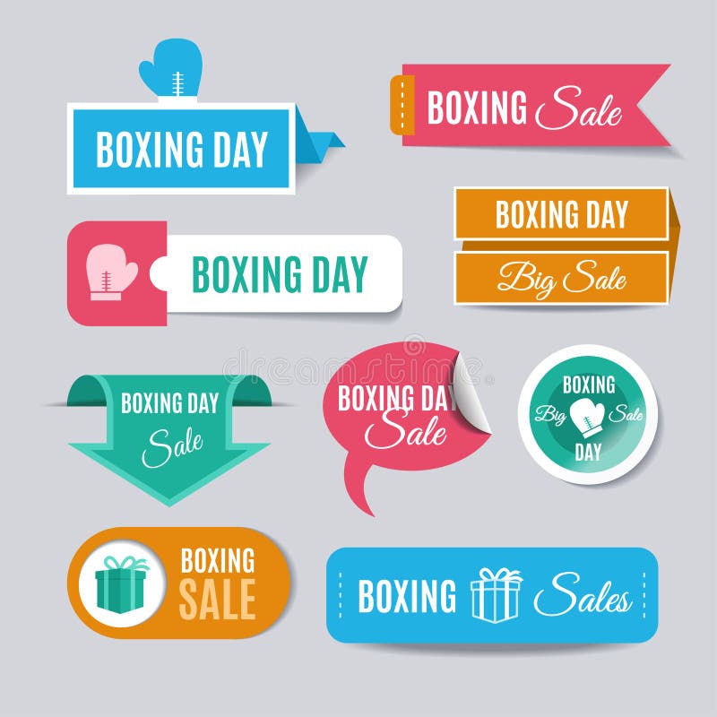 Badges Happy Boxing day sale design with gift boxes.