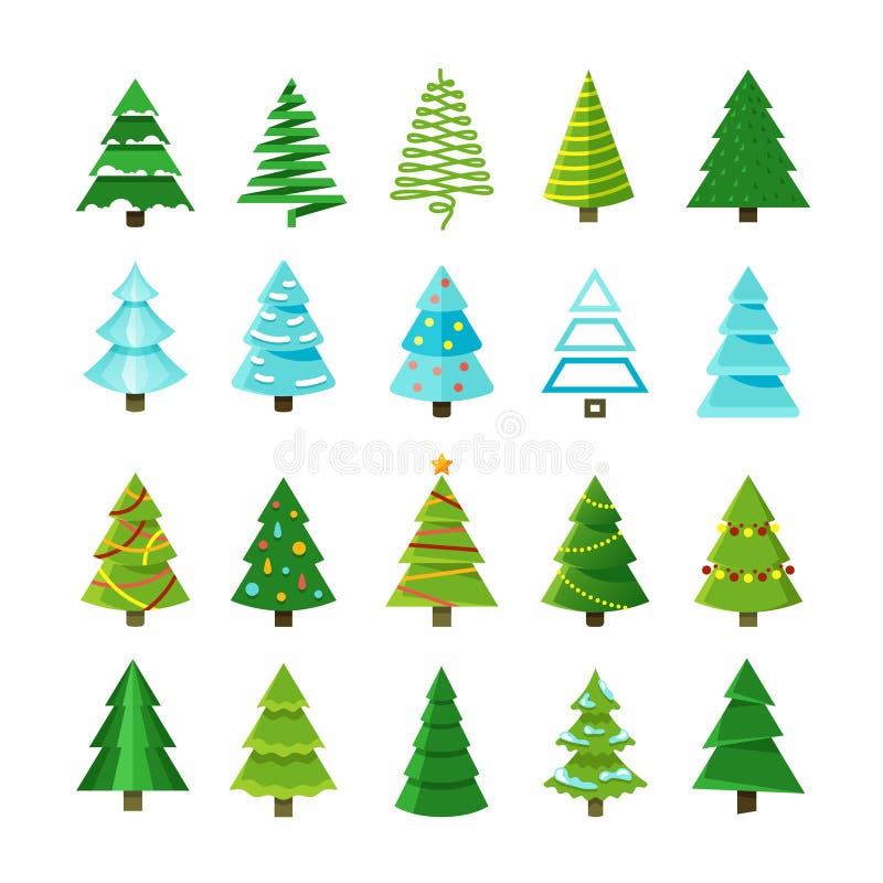 Flat christmas winter trees with festive xmas decoration vector collection