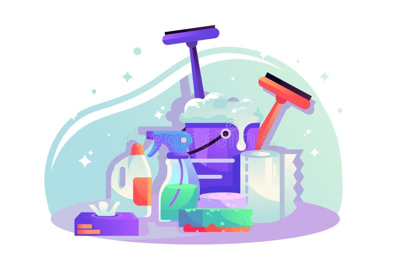 Flat cleaning items with spray, napkins, sponge, bucket with detergent. stock illustration