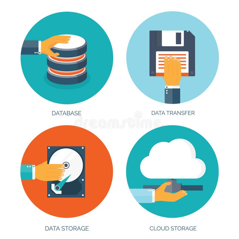 Flat cloud computing background. Data storage network technology. Multimedia content web sites hosting. stock illustration