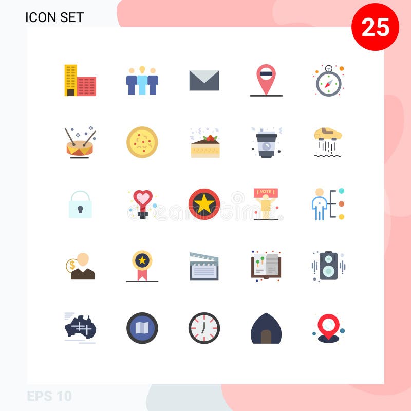 Flat Color Pack of 25 Universal Symbols of music, drum, massege, navigation, compass royalty free illustration