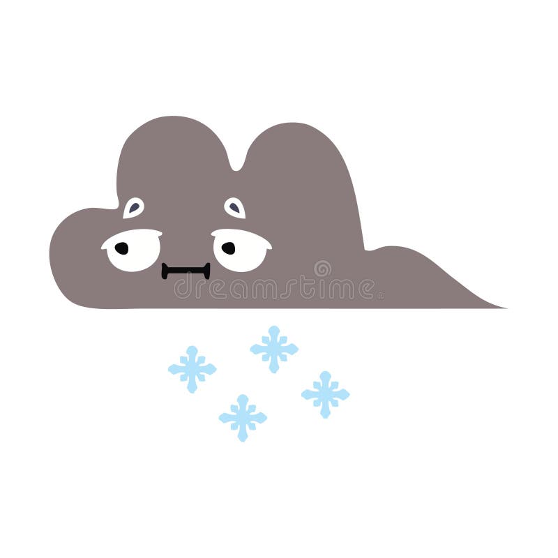 Flat color retro cartoon storm snow cloud vector illustration
