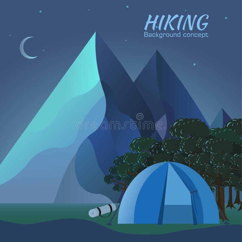 Flat colorful vector night tourism camping set. Icons background concept design. Grass night sky background vectors