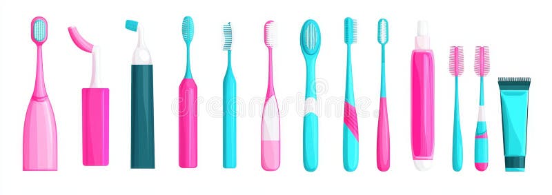 Flat colors of different toothbrushes, bamboo toothbrush for toothpaste, and bamboo toothbrush with a handle. vector illustration