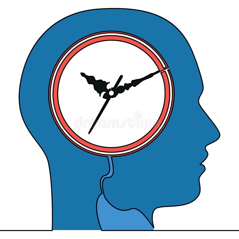 Flat Continuous Drawing Line Art Human Head Clock Stock Vector