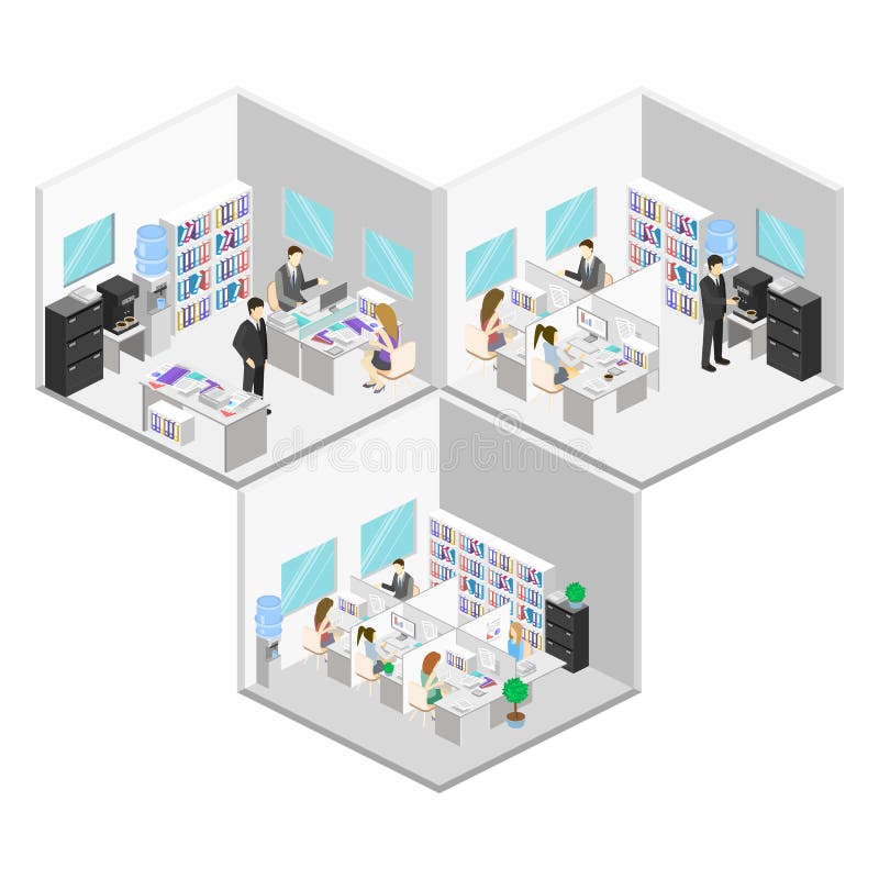 Flat 3d Isometric Abstract Office Floor Interior Departments Concept ...