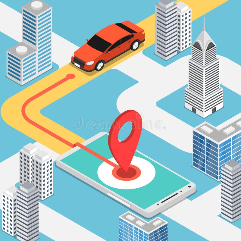 Isometric Car Moving at Pinpoint on Mobile Map Application Stock Vector