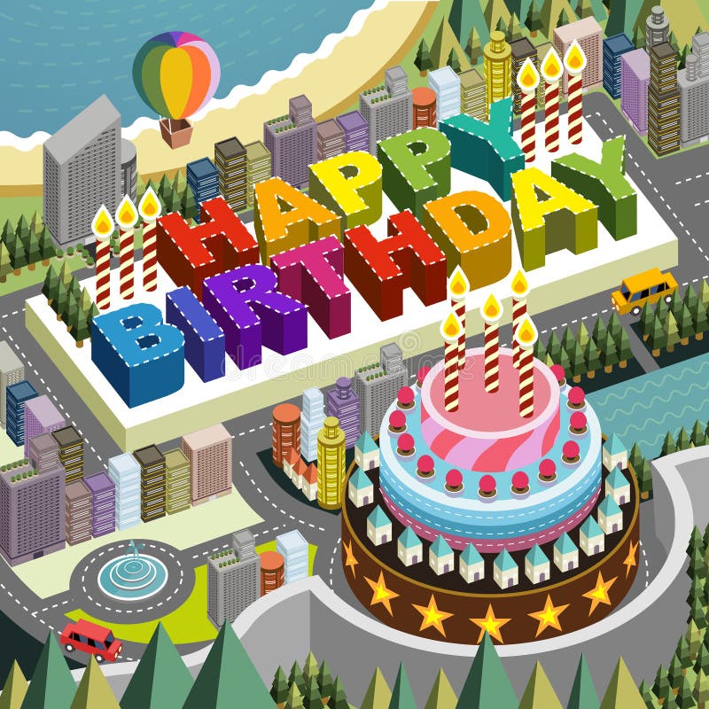 Flat 3d isometric city scenery with big birthday cake