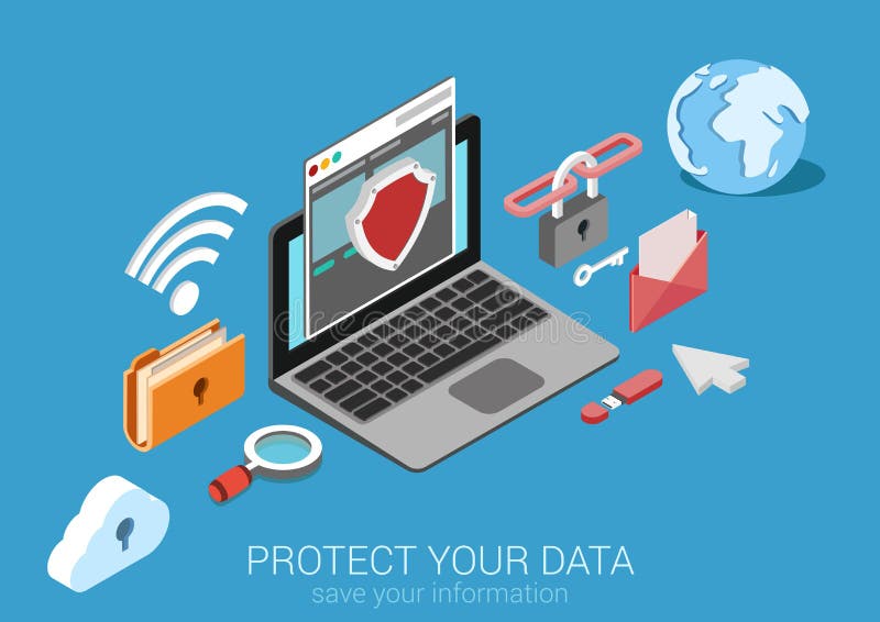 Flat 3d isometric data protection infographic concept vector stock illustration