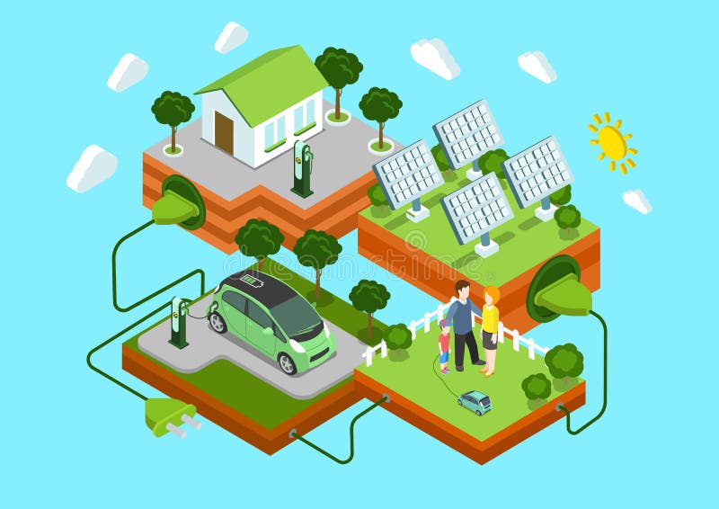 Flat 3d web isometric alternative eco green energy lifestyle infographic concept . Electric car sun batteries family house on green lawn cord connection. Ecology power consumption collection. Flat 3d web isometric alternative eco green energy lifestyle infographic concept . Electric car sun batteries family house on green lawn cord connection. Ecology power consumption collection.