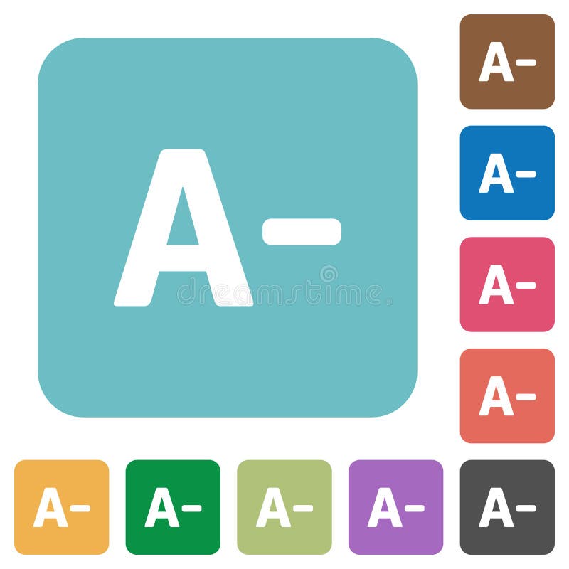 Flat decrease font size icons on rounded square color backgrounds. Word decrease vectors